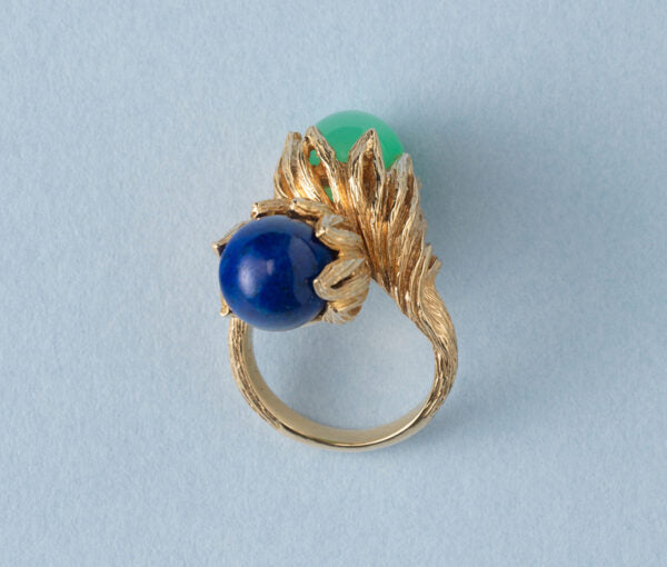 Vintage Calcedony, Lapis Lazuli and 18ct Gold Dress Ring, two textured leaves holding a lapis lazuli and green calcedony ball, Signed Georg Lauer, Circa 1960-1970.