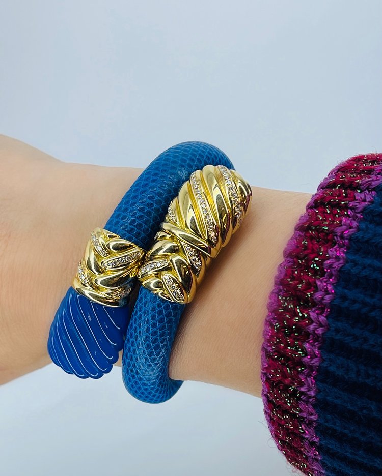 Alexis Barthelay 18ct Yellow Gold, Diamond and Blue Leather Snake Bracelet Watch