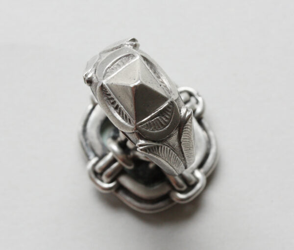 19thC French Neo Renaissance Silver Desk Seal Ring; presse papier ring, quatrefoil bezel set with octahedron diamond, animal mouths to shank, Circa 1870