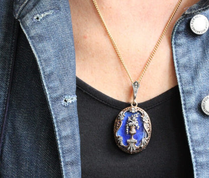 Antique Victorian Diamond Set Blue Enamel and 18ct Gold Locket; with a rose-cut diamond set border and bail, at the heart an urn with diamond flowers
