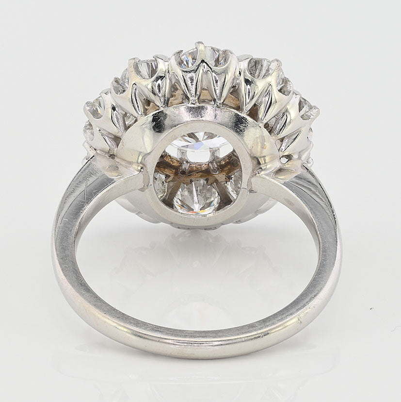 Late Art Deco Certified D VS 1.35ct Diamond Daisy Cluster Engagement Ring in Platinum, 3.19 carat total