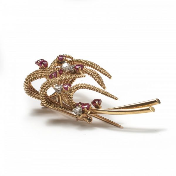 Vintage Boucheron Ruby, Diamond and Gold Floral Spray Brooch, Circa 1960