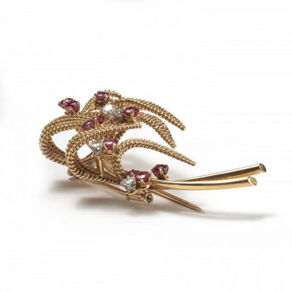 Vintage Boucheron Ruby, Diamond and Gold Floral Spray Brooch, Circa 1960