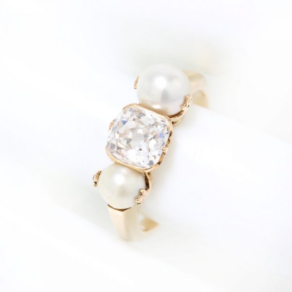 Antique Victorian Old Cushion Cut Diamond and Pearl Three Stone Ring