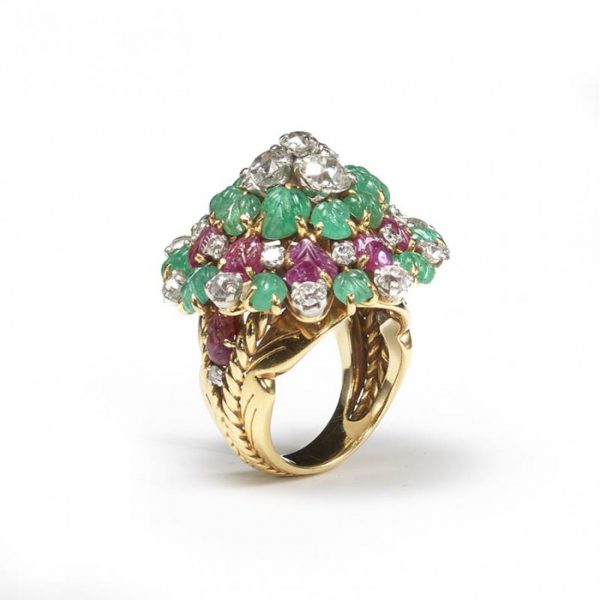 Vintage Multi Gem Tutti Frutti Domed Cluster Cocktail Ring, 4.50 carats, in 18ct yellow gold France, Circa 1955
