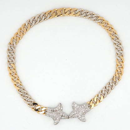 Vintage Italian 1940s Retro Diamond Set Gold and Platinum Curb Link Necklace with Fleur de Lys, 13.30 carat total