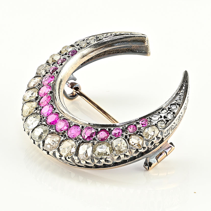 Victorian Antique 3.10ct Old Cut Diamond and Ruby Crescent Moon Brooch