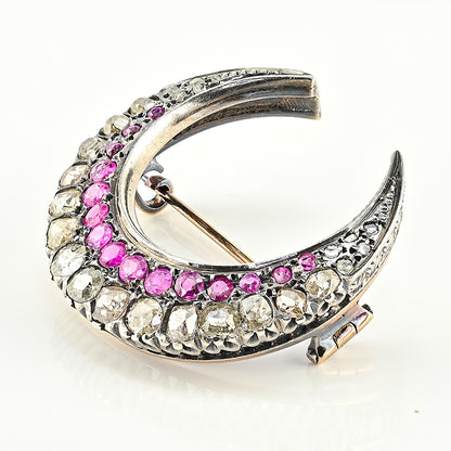 Victorian Antique 3.10ct Old Cut Diamond and Ruby Crescent Moon Brooch