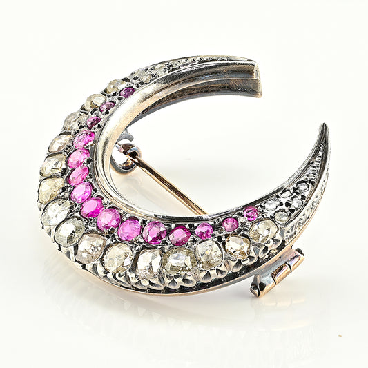 Victorian Antique 3.10ct Old Cut Diamond and Ruby Crescent Moon Brooch