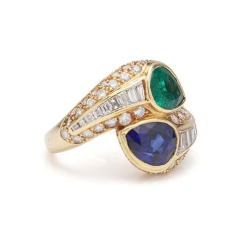 Vintage 1.50ct Pear Cut Sapphire Emerald Two Stone Crossover Ring with Diamonds