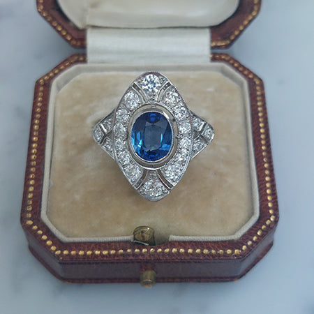 Sapphire and Diamond Navette Cluster Ring in Platinum