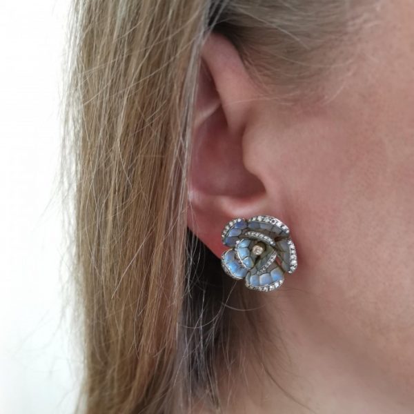 Pale Blue Plique a Jour Enamel and Diamond Flower Earrings
