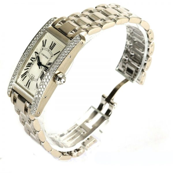Cartier Tank Americaine 2490 Midi Size 18ct White Gold Diamond Set Automatic Rectangular Watch, white guillioche dial, Roman numerals, date aperture, 18ct white gold bracelet with concealed double deployment clasp