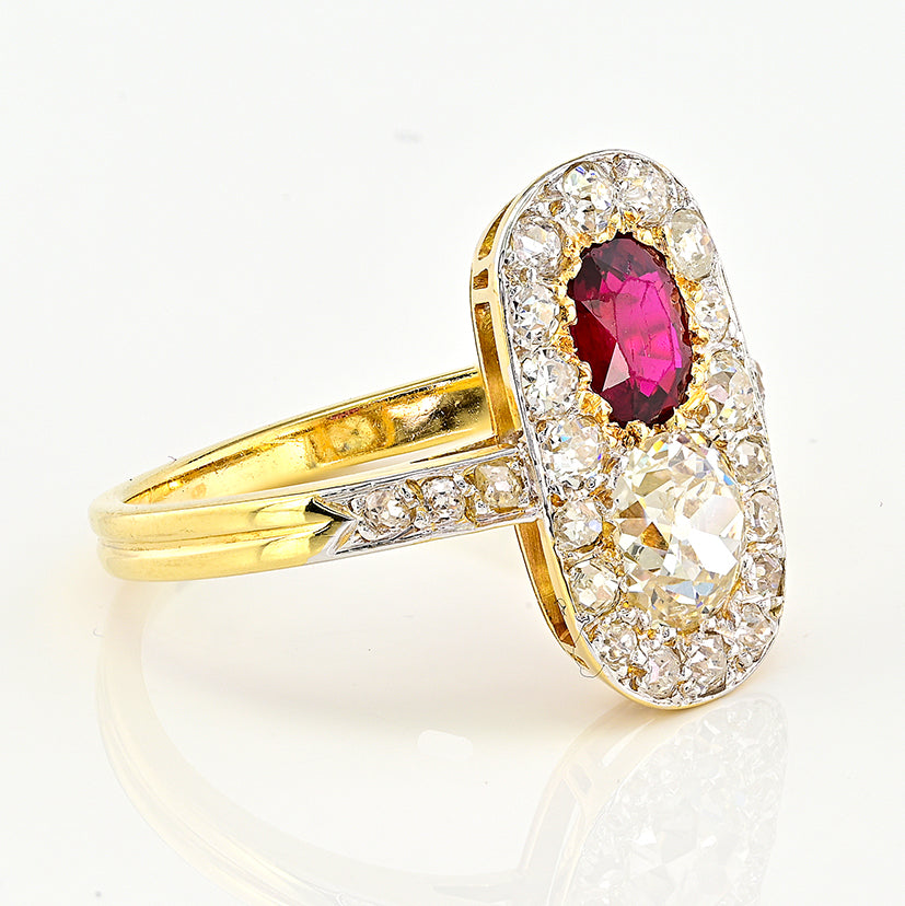 Edwardian Antique Natural No Heat Ruby and Old Mine Cut Diamond Two Stone Cluster Plaque Ring in Platinum and 18ct Yellow Gold