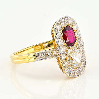 Edwardian Antique Natural No Heat Ruby and Old Mine Cut Diamond Two Stone Cluster Plaque Ring in Platinum and 18ct Yellow Gold