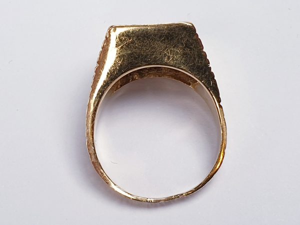 Vintage 1960s Retro Diamond and Textured Gold Rectangular Dress Ring; fifteen brilliant-cut diamonds arranged into three rows, 0.70 carats, chunky textured 18ct yellow gold shank