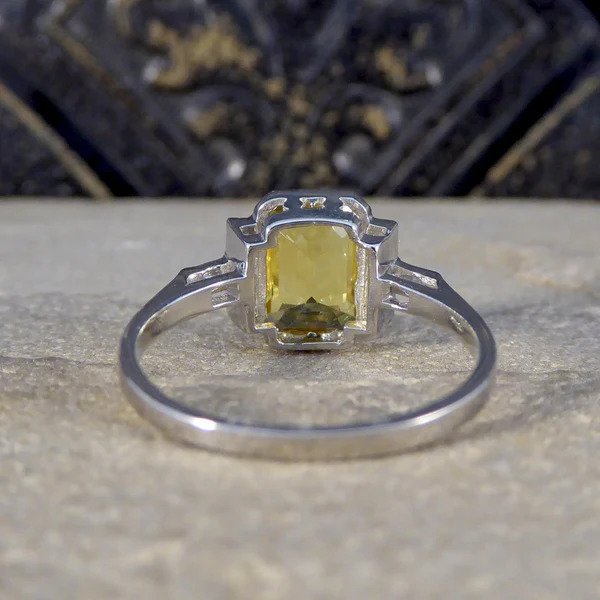 Art Deco Inspired 2.05ct Yellow Sapphire and Baguette Diamond Engagement Ring in Platinum
