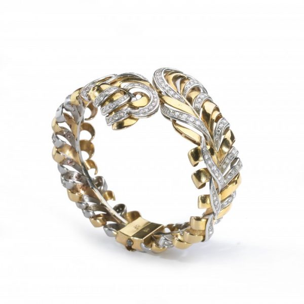 Vintage Diamond and 18ct Gold Feather Bangle Bracelet, 5.00 carat total, Circa 1950