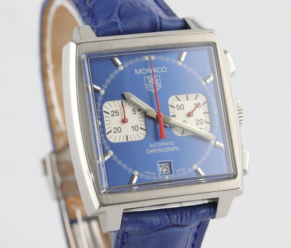 Vintage Tag Heuer Monaco Re Edition Automatic Chronograph with Blue Dial; Steve McQueen, 38mm stainless steel case with blue dial and acrylic crystal, on a blue leather strap with Tag Heuer deployment buckle, Circa 1990s
