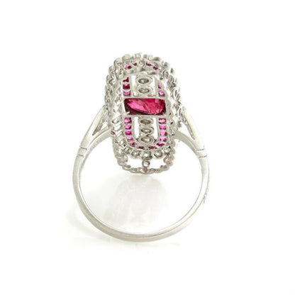Vintage Art Deco Style Ruby and Diamond Cluster Plaque Ring in Platinum, Circa 1980s