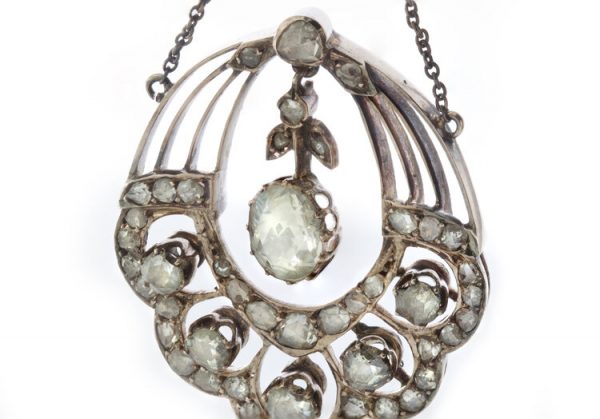 Antique 19thC Diamond Openwork Pendant Necklace, set with 3.83 carats of mixed-cut diamonds, in 15ct yellow gold, Made in England, Circa 1850