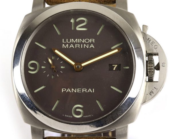 Panerai Luminor Marina Titanium 44mm Automatic; black dial, subsidiary seconds dial, date aperture at 3 o'clock, sapphire crystal glass, with luminous hands and Arabic/baton hour markers, on Panerai light brown leather strap with titanium buckle, with Panerai box and paperwork