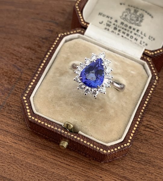 Pear Cut Tanzanite and Diamond Cluster Ring in 18ct White Gold; 2.69 carats