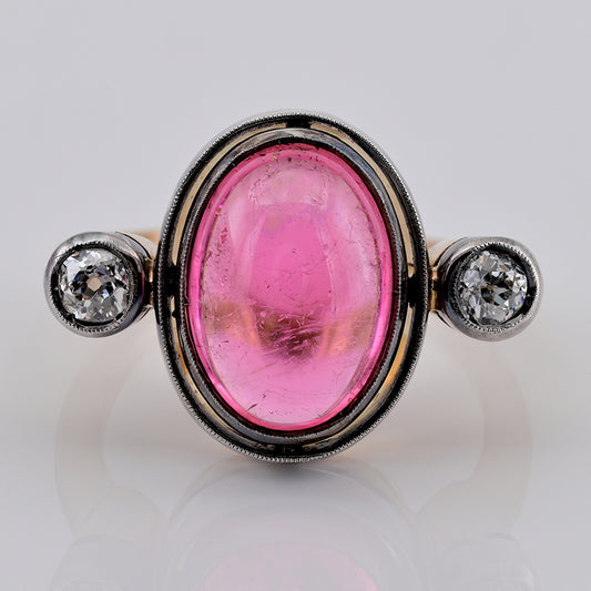 Antique 6ct Cabochon Pink Tourmaline and Diamond Trilogy Three Stone Engagement Ring