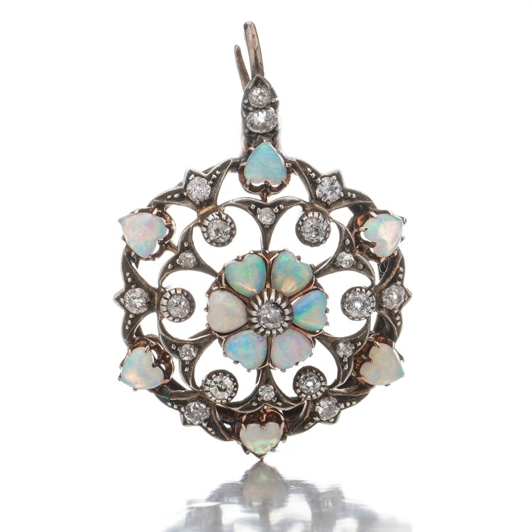 Antique Edwardian Opal Hearts and Old Cut Diamond Pendant