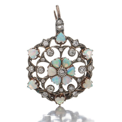 Antique Edwardian Opal Hearts and Old Cut Diamond Pendant