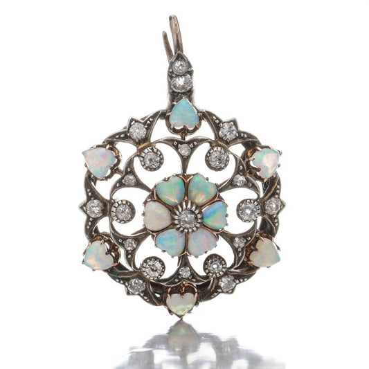 Antique Edwardian Opal Hearts and Old Cut Diamond Pendant