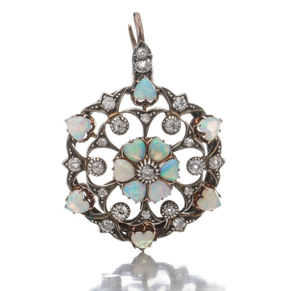 Antique Edwardian Opal Hearts and Old Cut Diamond Pendant