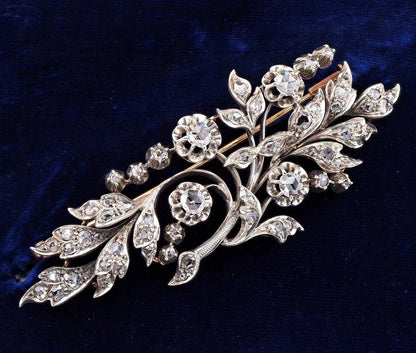 Antique Victorian 3.6ct Rose Cut Diamond Floral Spray Brooch