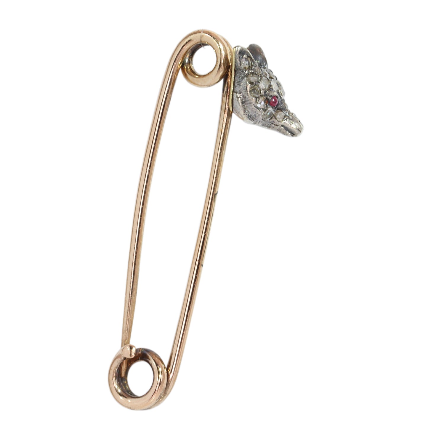 A yellow gold and bar brooch with a silver and diamond set fox head, with red cabochon eyes