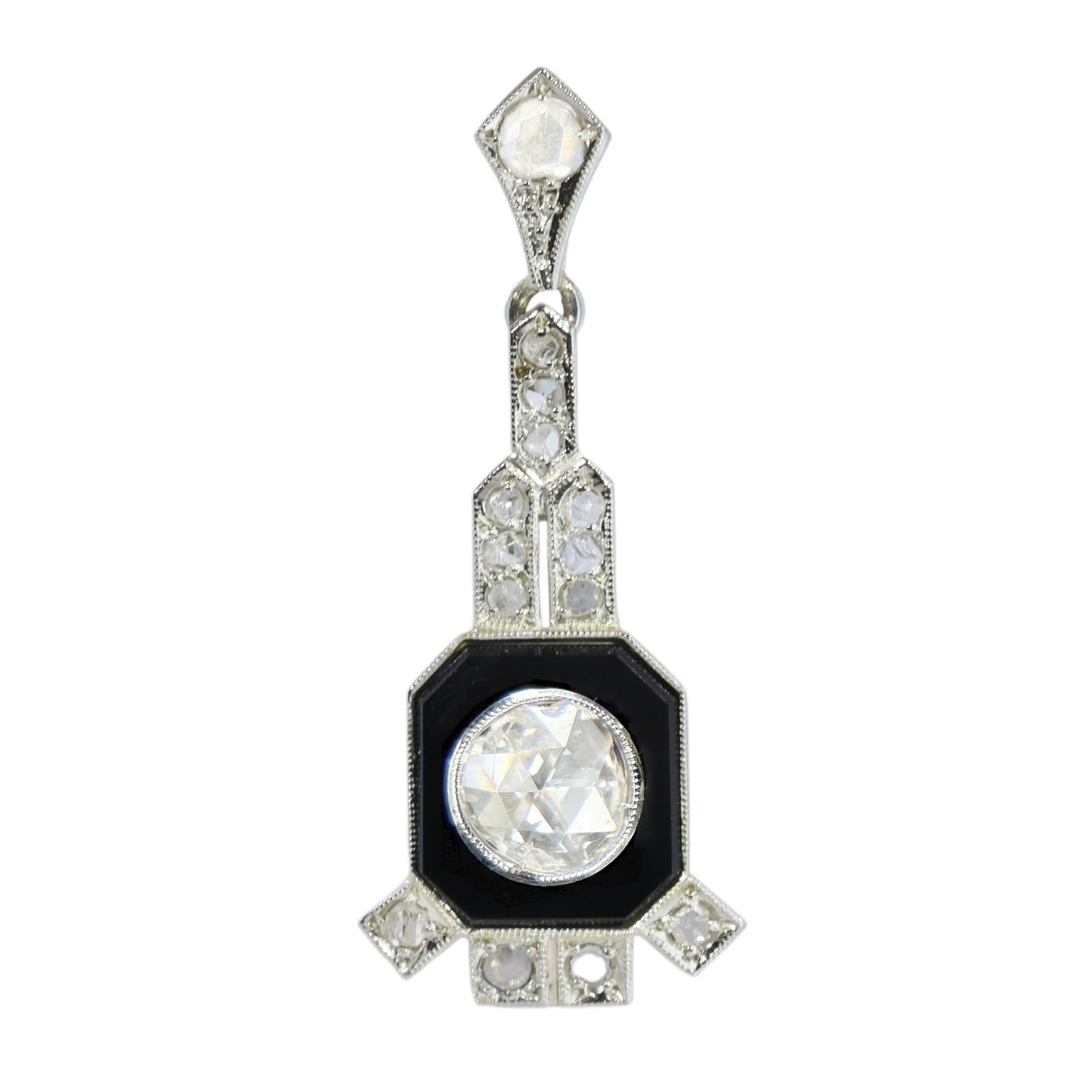 Art Deco pendant, onyx plaque with a prominent rose cut diamond Circa 1930