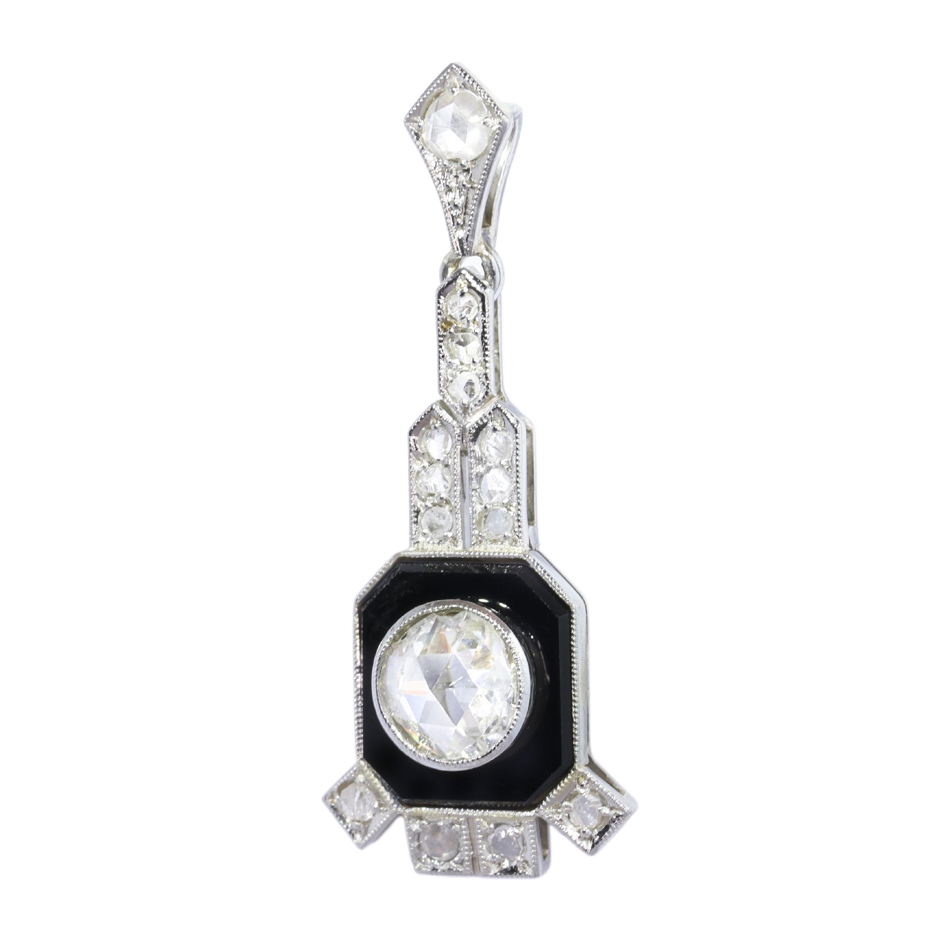 Art Deco pendant, onyx plaque with a prominent rose cut diamond Circa 1930