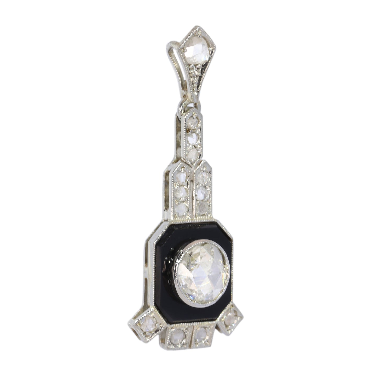 Art Deco pendant, onyx plaque with a prominent rose cut diamond Circa 1930