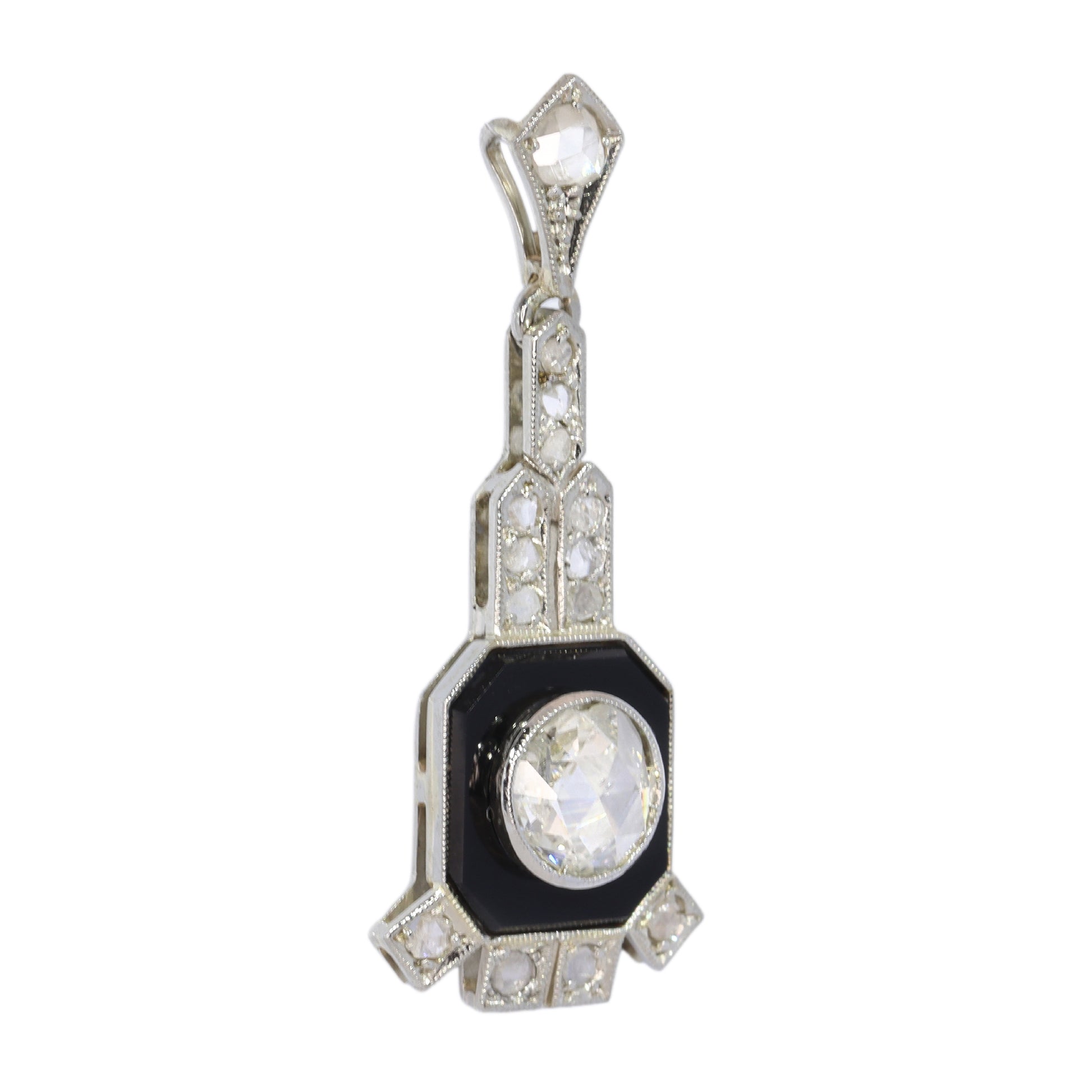 Art Deco pendant, onyx plaque with a prominent rose cut diamond Circa 1930