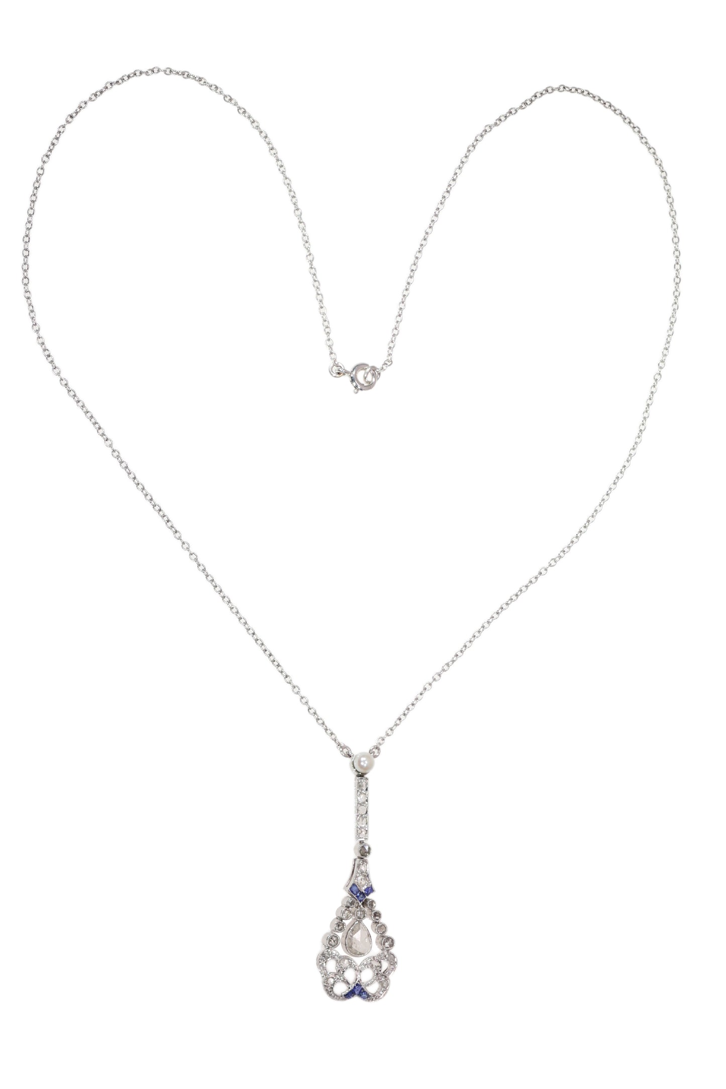 A diamond, sapphire and pearl drop pendant necklace in platinum