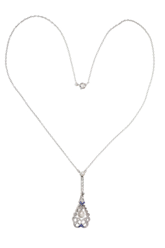 A diamond, sapphire and pearl drop pendant necklace in platinum