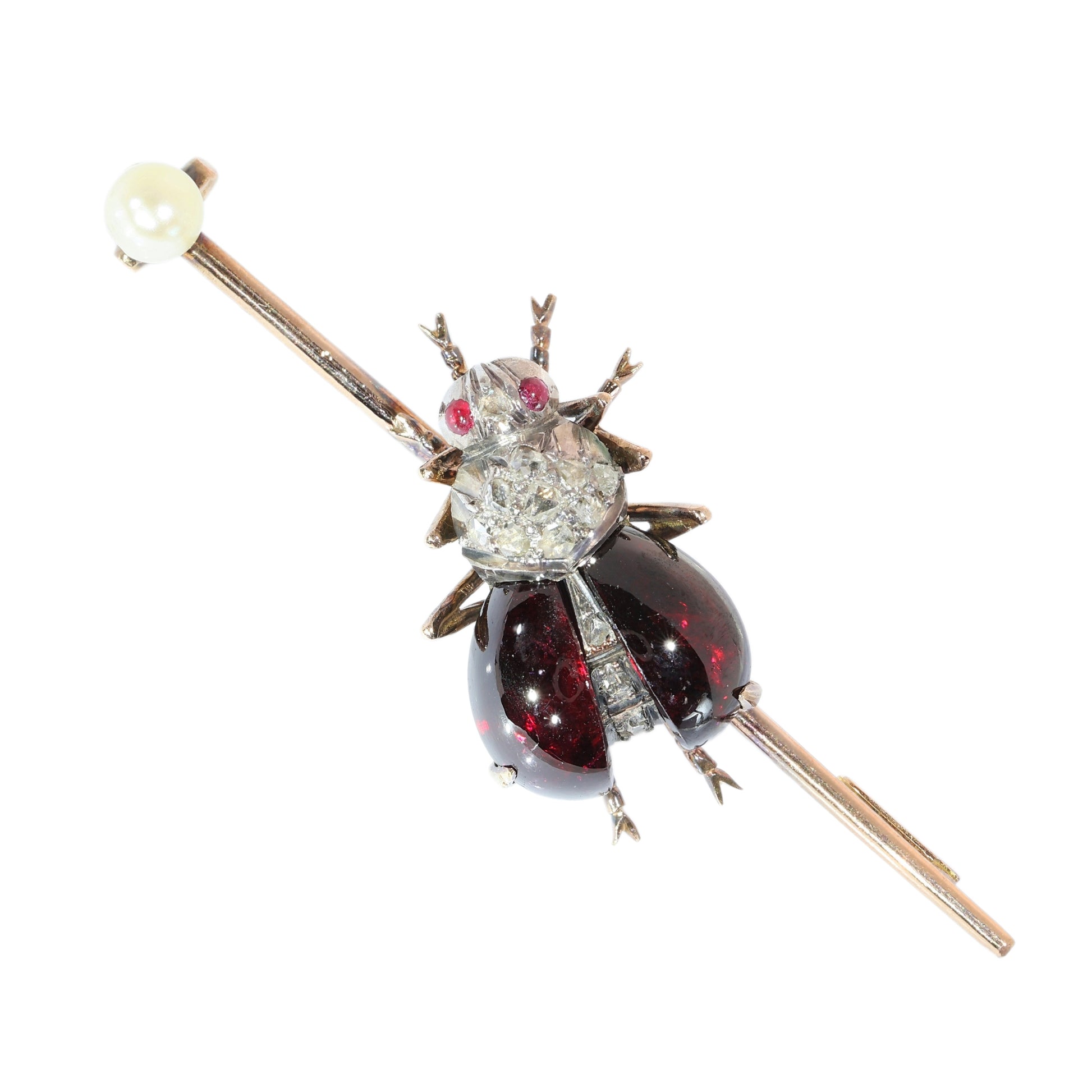 An antique gold bar brooch with a diamond, garnet and ruby set insect in the centre