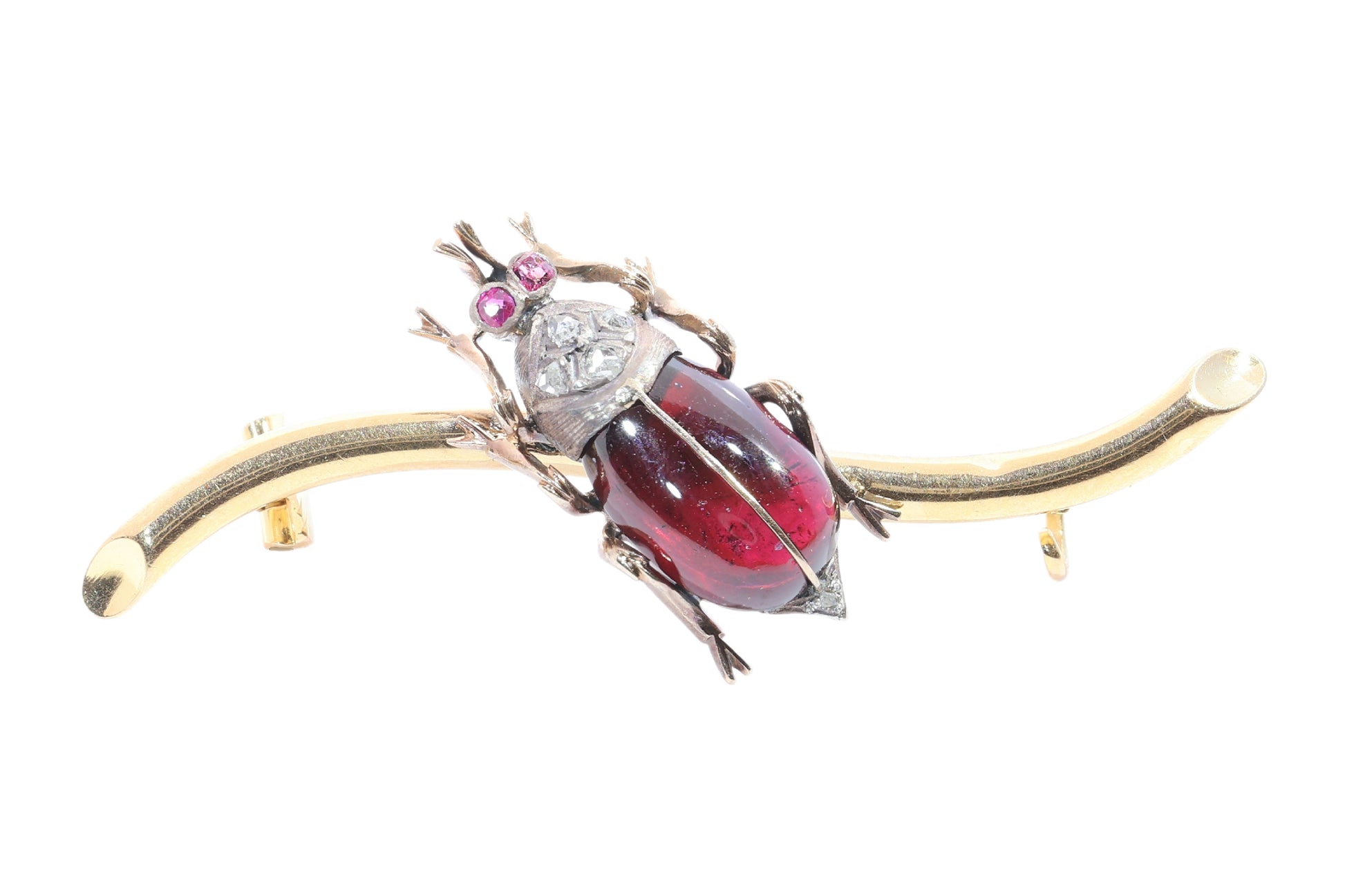 A garnet, ruby and diamond beetle brooch in gold and silver