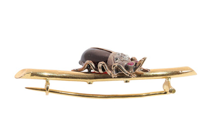 French Victorian Beetle Brooch, A Lively Insect in Garnet, Ruby and Diamonds