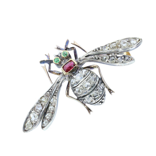 Late Victorian Diamond Bee Brooch, Ruby Thorax and Emerald Eyes, Circa 1890