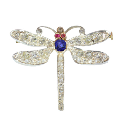 A dragonfly shaped brooch with diamonds, two ruby eyes and a sapphire body