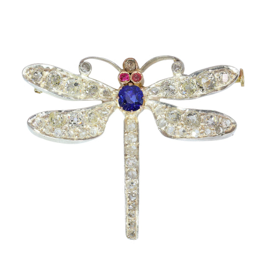 A dragonfly shaped brooch with diamonds, two ruby eyes and a sapphire body