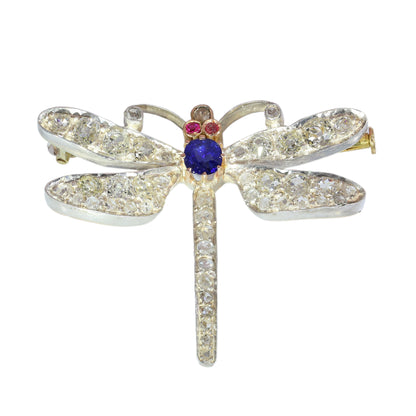 A dragonfly shaped brooch with diamonds, two ruby eyes and a sapphire body