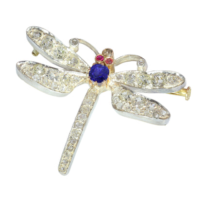 A dragonfly shaped brooch with diamonds, two ruby eyes and a sapphire body