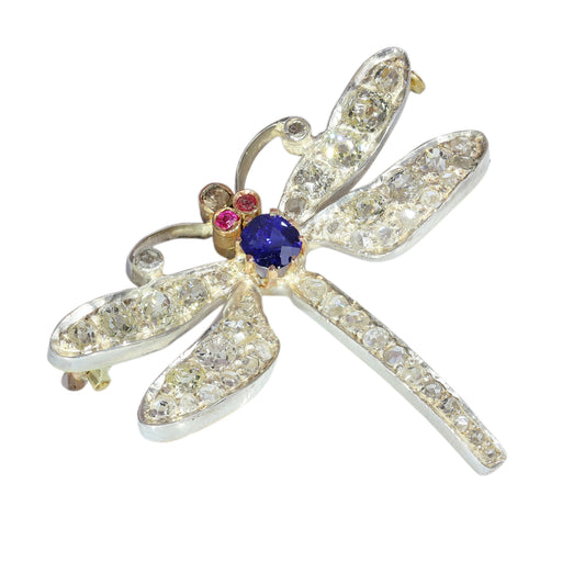 A dragonfly shaped brooch with diamonds, two ruby eyes and a sapphire body