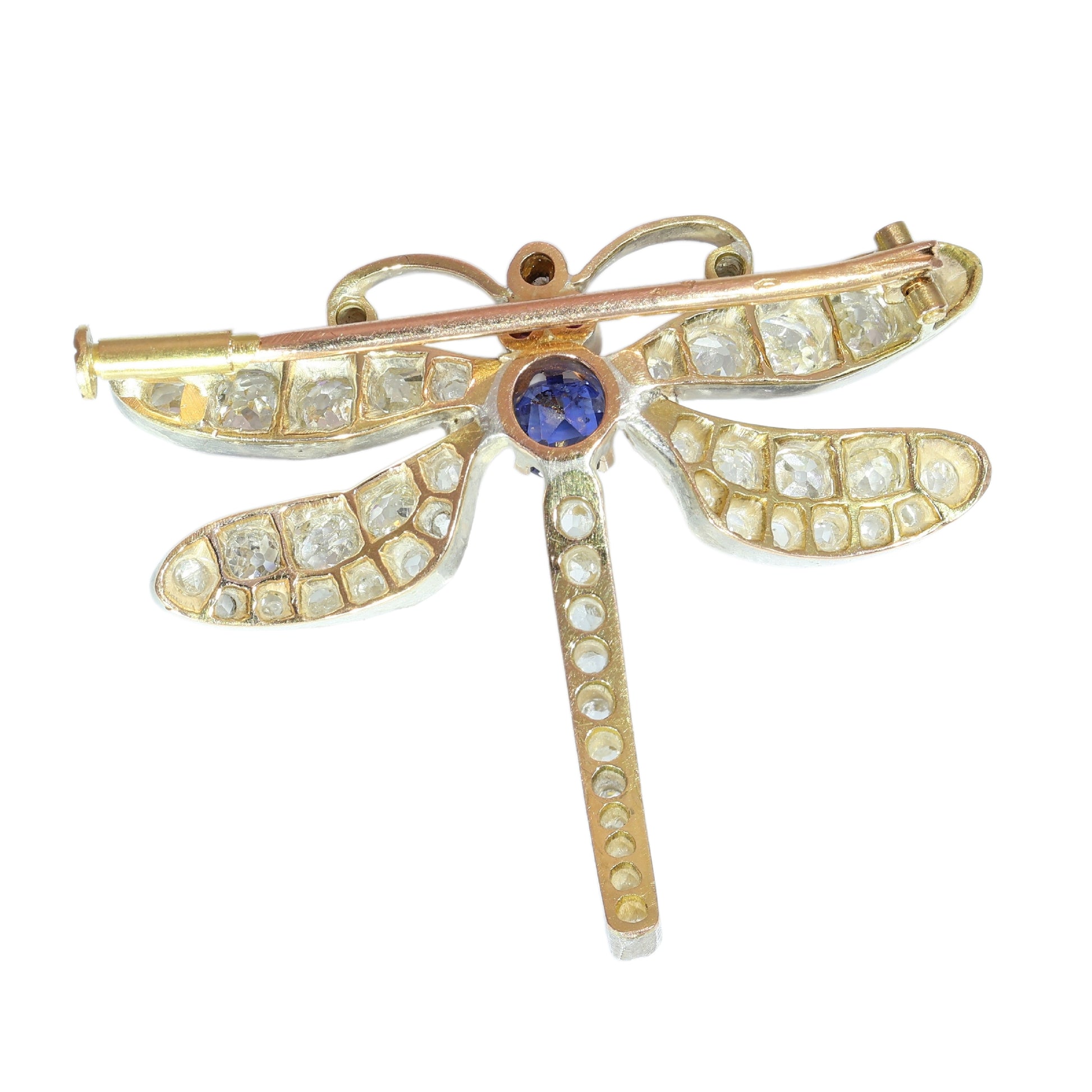 A dragonfly shaped brooch with diamonds, two ruby eyes and a sapphire body